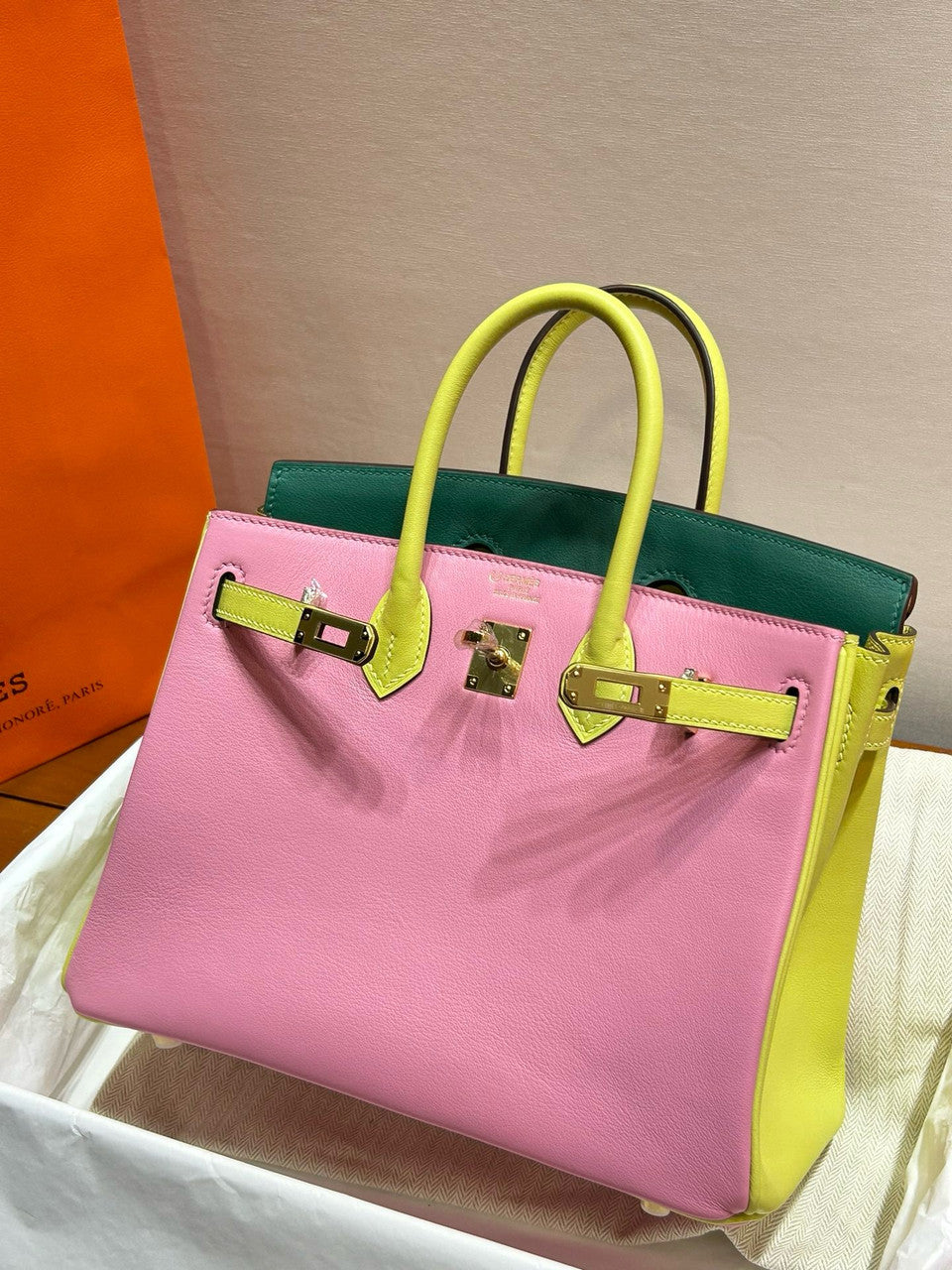Hermes Special Order Tri Colour Rose Sakura/Jaune Poussin/Vert Vertigo  Birkin 25 in Swift with Gold hardware