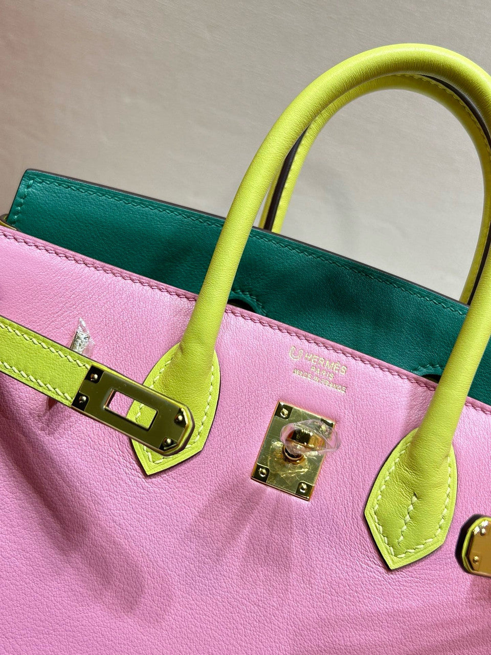 Hermes Special Order Tri Colour Rose Sakura/Jaune Poussin/Vert Vertigo  Birkin 25 in Swift with Gold hardware