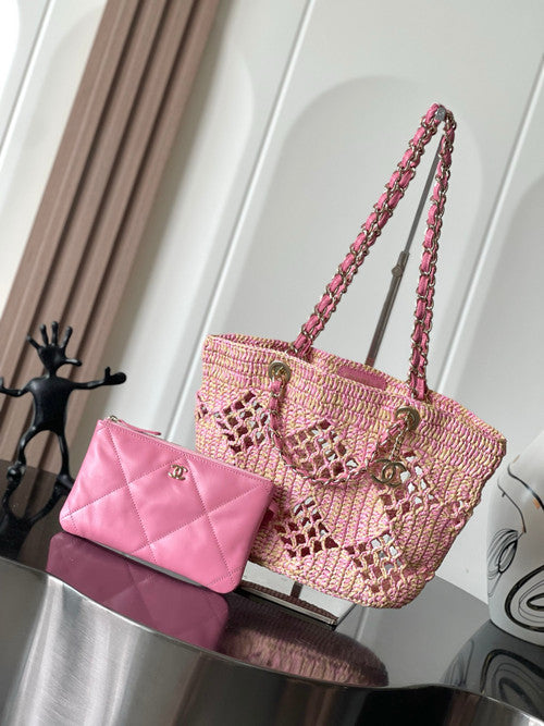 Chanel Small Raffia SHOPPING BAG PINK