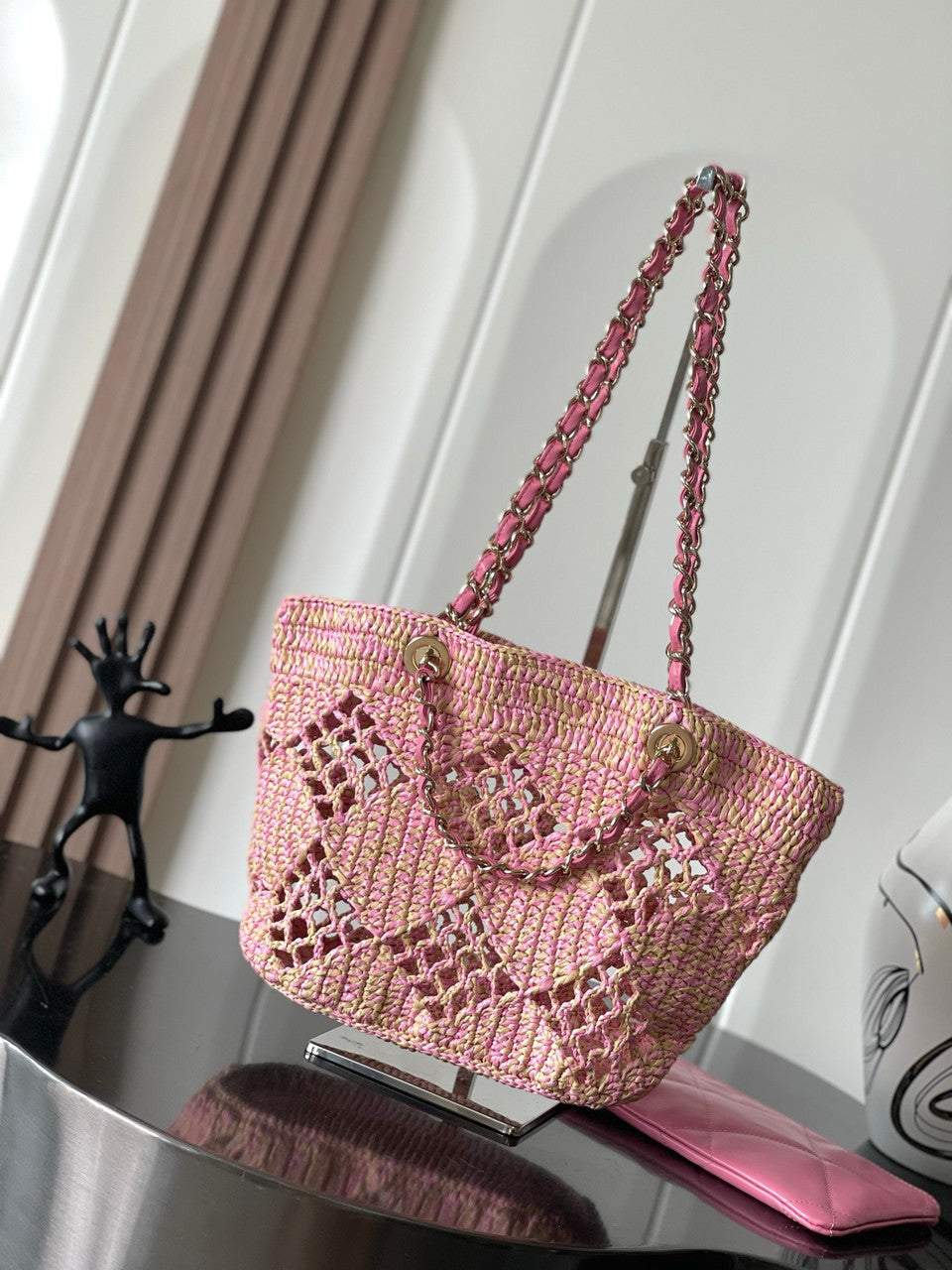 Chanel Small Raffia SHOPPING BAG PINK