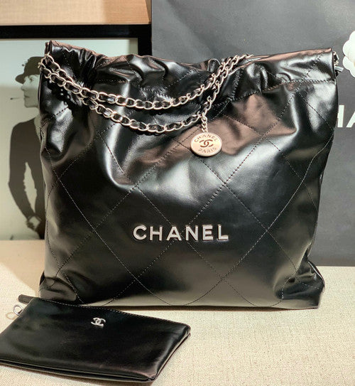 CHANEL 22 SMALL HANDBAG SILVER LOGO BLACK CALF