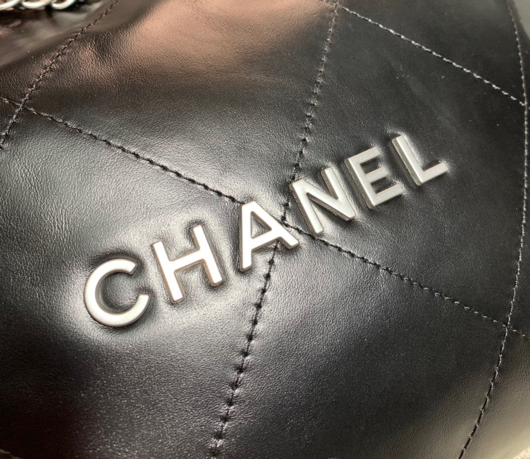 CHANEL 22 SMALL HANDBAG SILVER LOGO BLACK CALF