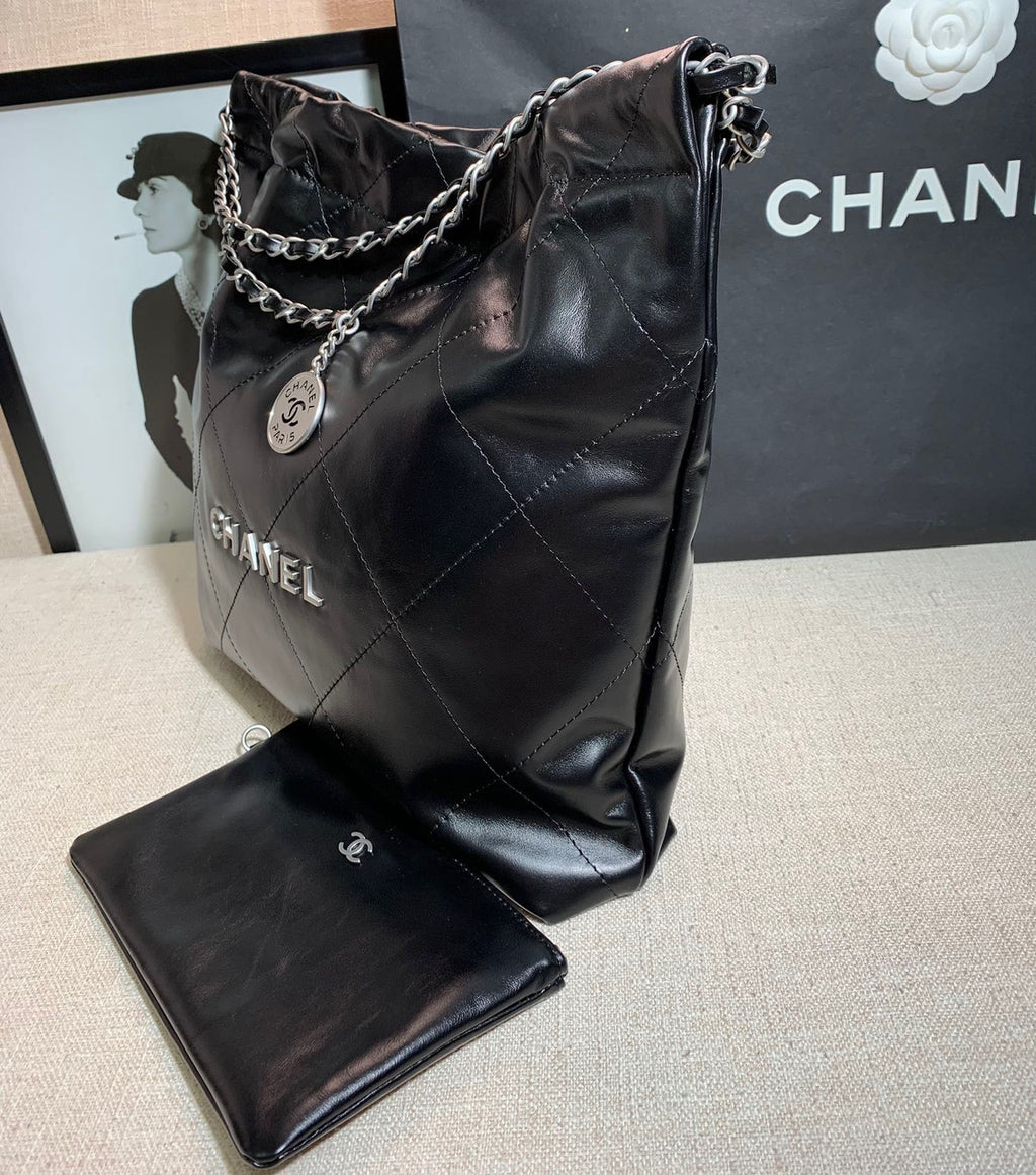CHANEL 22 SMALL HANDBAG SILVER LOGO BLACK CALF