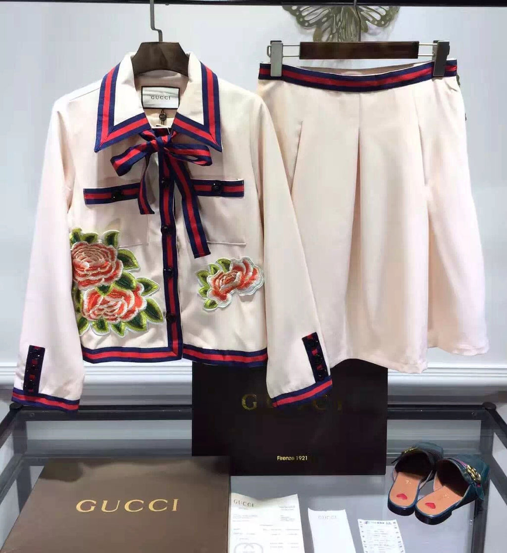 Gucci Runway Look 40- Silk cotton embroidered jacket & Silk cotton faille pleated skirt