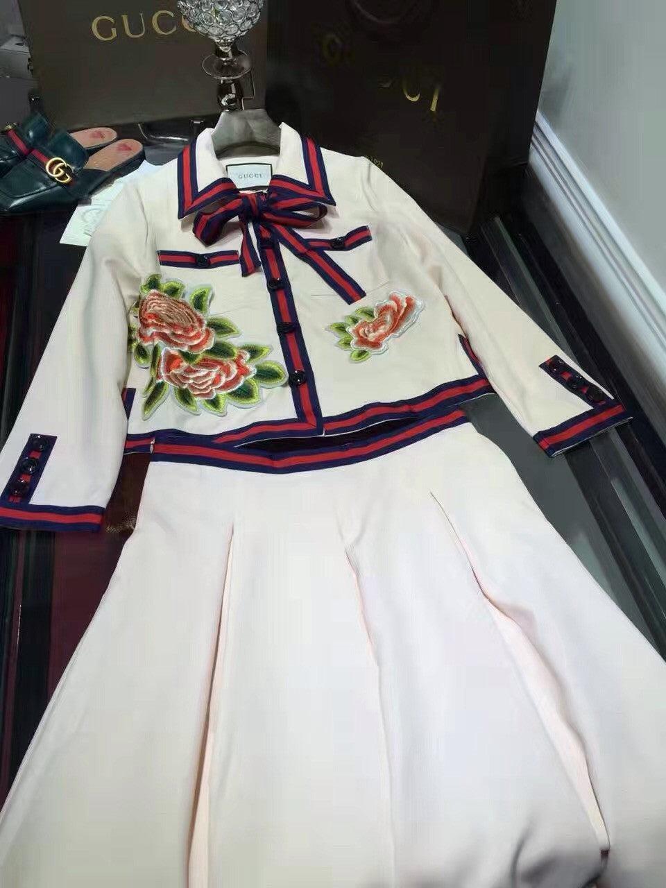Gucci Runway Look 40- Silk cotton embroidered jacket & Silk cotton faille pleated skirt