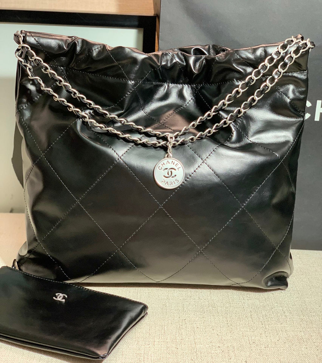 CHANEL 22 SMALL HANDBAG SILVER LOGO BLACK CALF