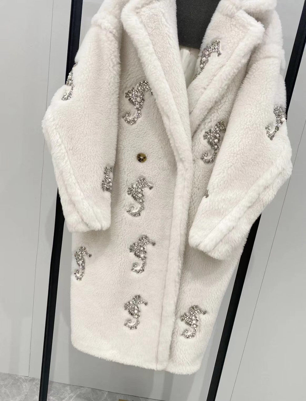 Max Mara Resort 2023 Limited Edition Swarovski Crystal and Pearl Embroiled Alpaca and wool coat