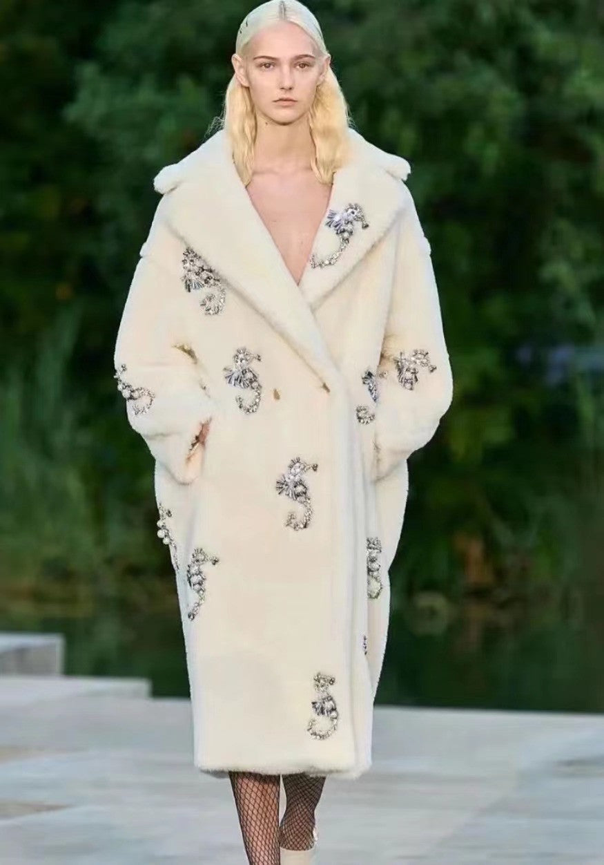 Max Mara Resort 2023 Limited Edition Swarovski Crystal and Pearl Embroiled Alpaca and wool coat