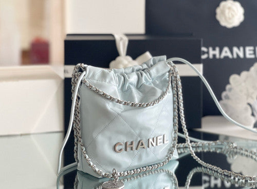 CHANEL 22 MINI HANDBAG SILVER LOGO SS2024 LIGHT BABY BLUE