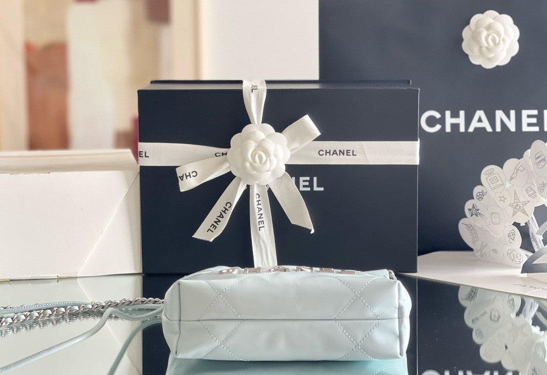 CHANEL 22 MINI HANDBAG SILVER LOGO SS2024 LIGHT BABY BLUE