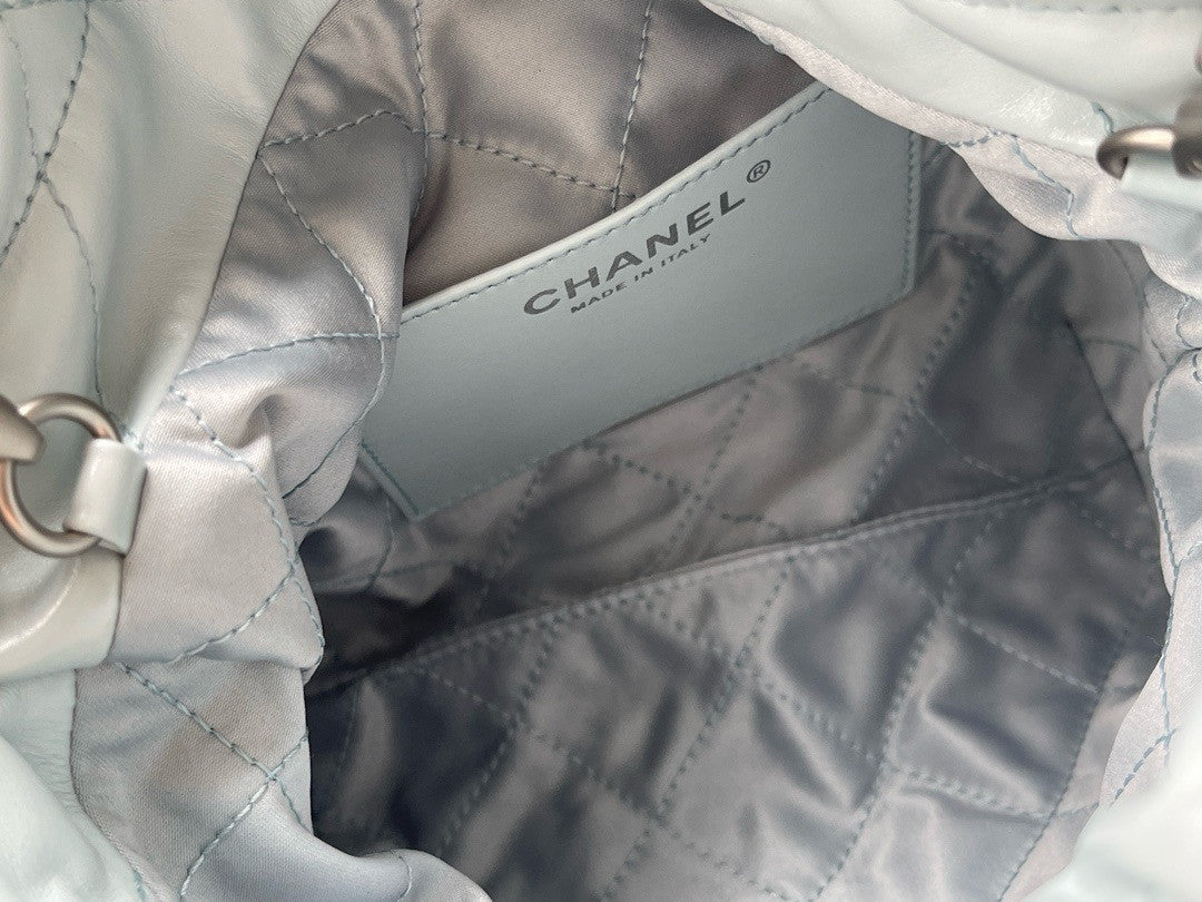 CHANEL 22 MINI HANDBAG SILVER LOGO SS2024 LIGHT BABY BLUE