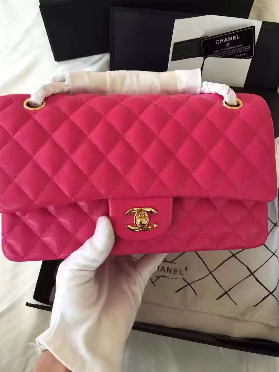 CHANEL Rose Lambskin Leather Classic Double Flap 2.55 Shoulder Bag Golden HW