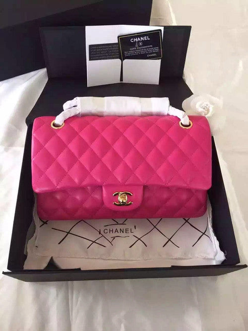 CHANEL Rose Lambskin Leather Classic Double Flap 2.55 Shoulder Bag Golden HW