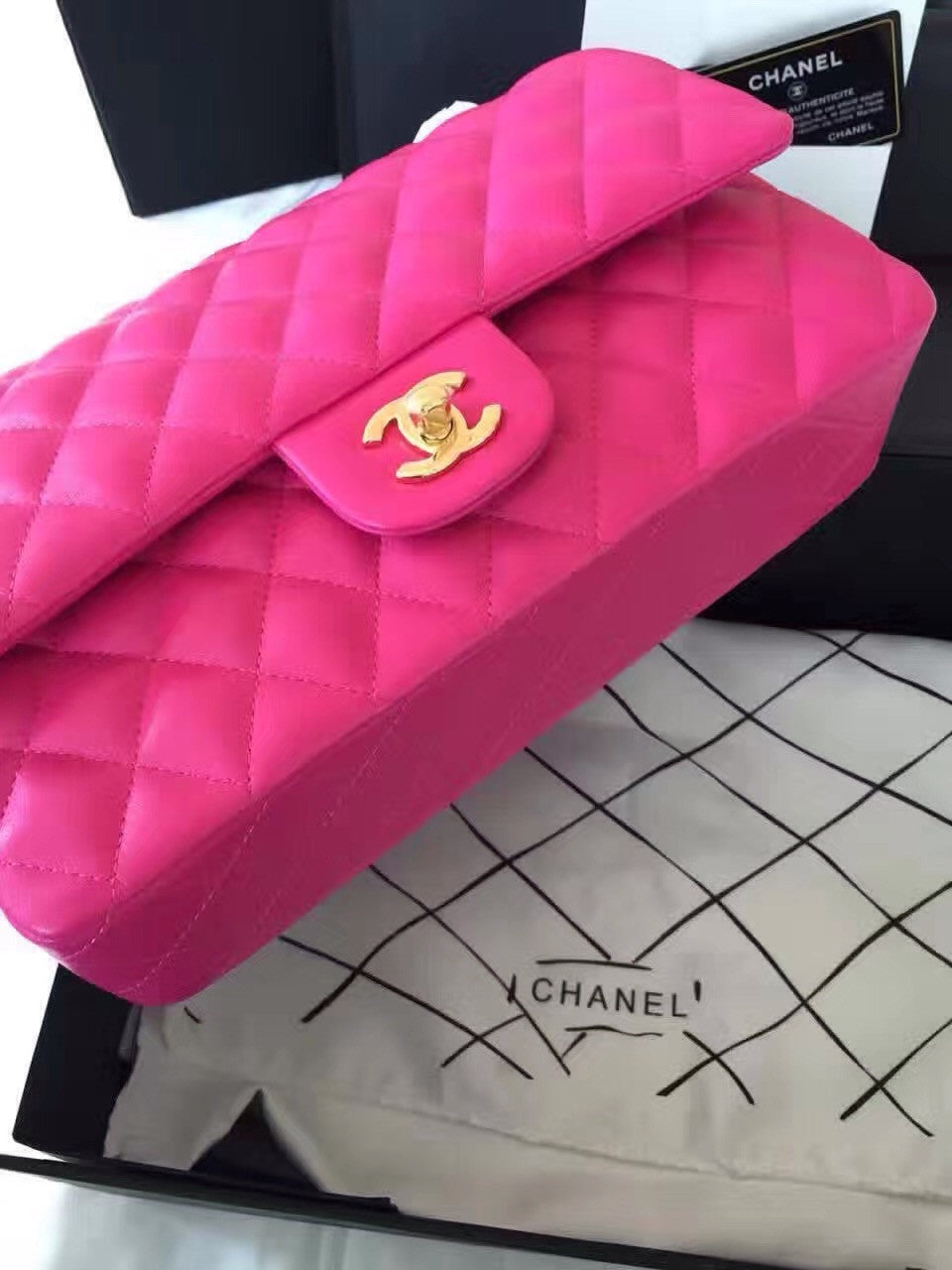 CHANEL Rose Lambskin Leather Classic Double Flap 2.55 Shoulder Bag Golden HW