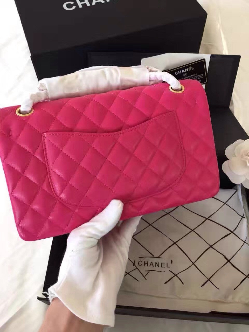 CHANEL Rose Lambskin Leather Classic Double Flap 2.55 Shoulder Bag Golden HW