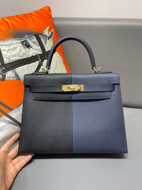 Hermès 28 cm Special Edition Blue/Black Tri Coloured Epsom Kelly