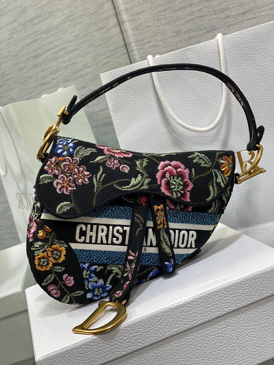 Christian Dior SADDLE BAG Black Multicolor Dior Petites Fleurs Embroidery