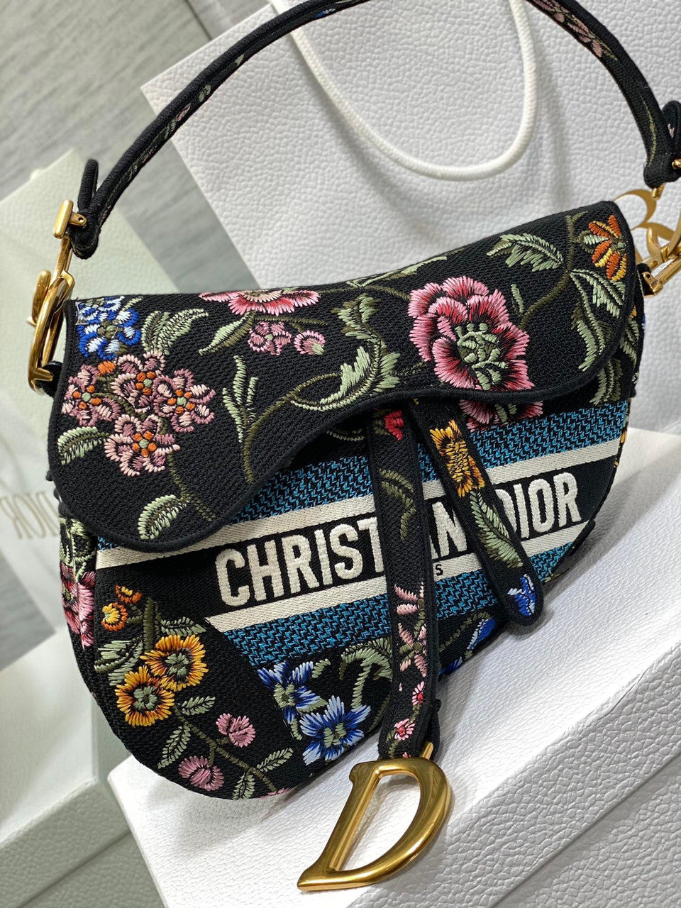 Christian Dior SADDLE BAG Black Multicolor Dior Petites Fleurs Embroidery