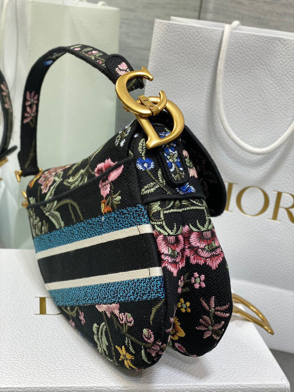 Christian Dior SADDLE BAG Black Multicolor Dior Petites Fleurs Embroidery