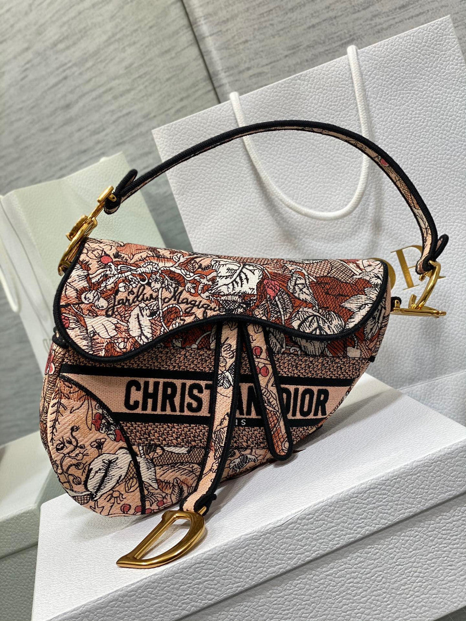 Christian Dior SADDLE BAG Pink Denim Multicolor Dior Jardin Magique Embroidery