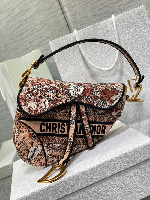 Christian Dior SADDLE BAG Pink Denim Multicolor Dior Jardin Magique Embroidery
