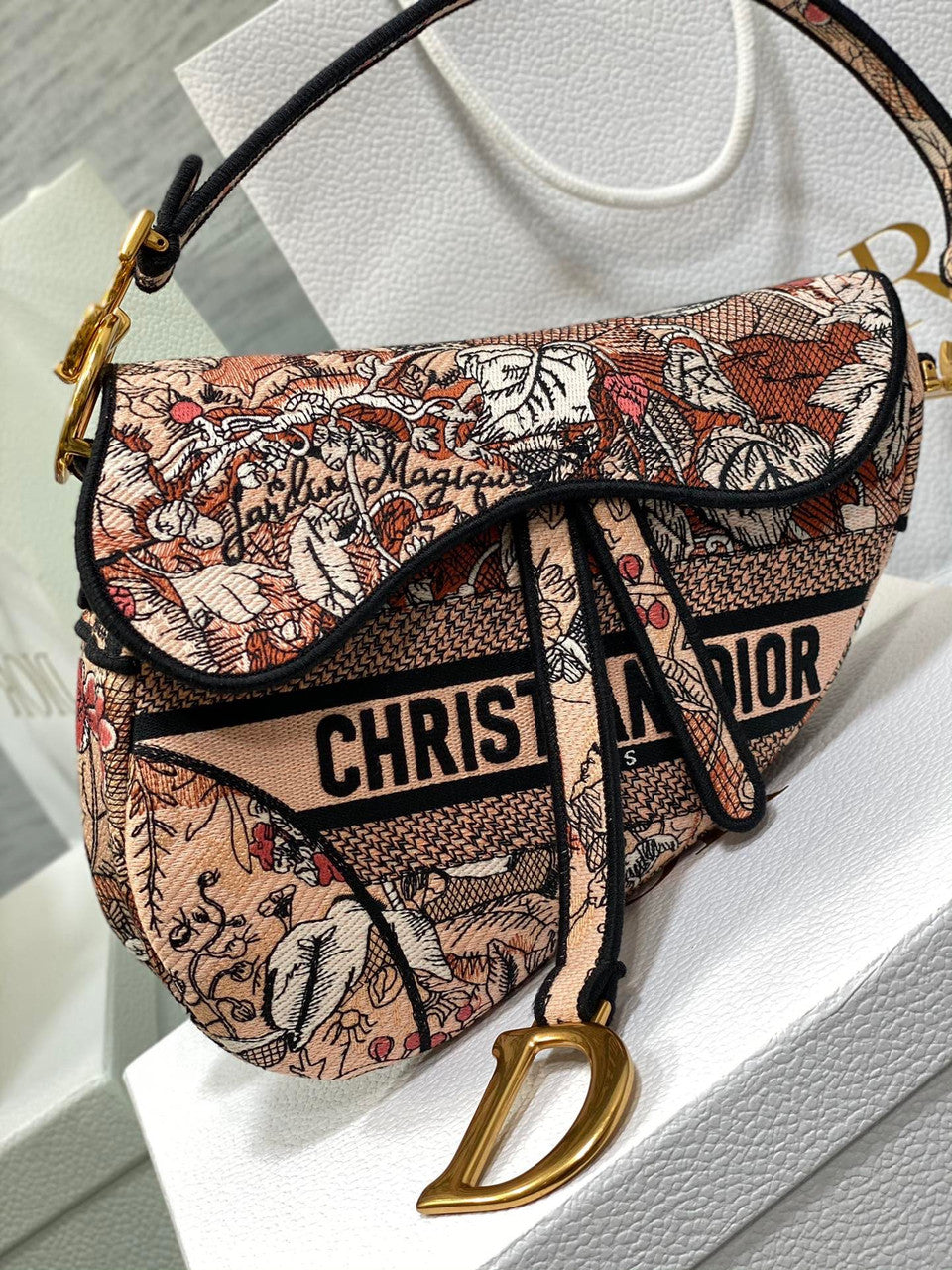 Christian Dior SADDLE BAG Pink Denim Multicolor Dior Jardin Magique Embroidery