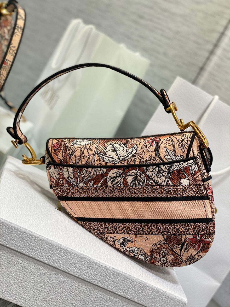 Christian Dior SADDLE BAG Pink Denim Multicolor Dior Jardin Magique Embroidery