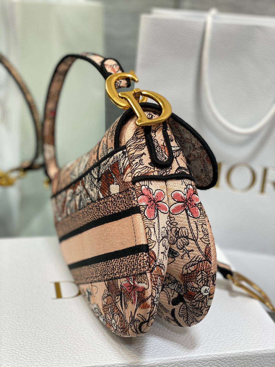 Christian Dior SADDLE BAG Pink Denim Multicolor Dior Jardin Magique Embroidery