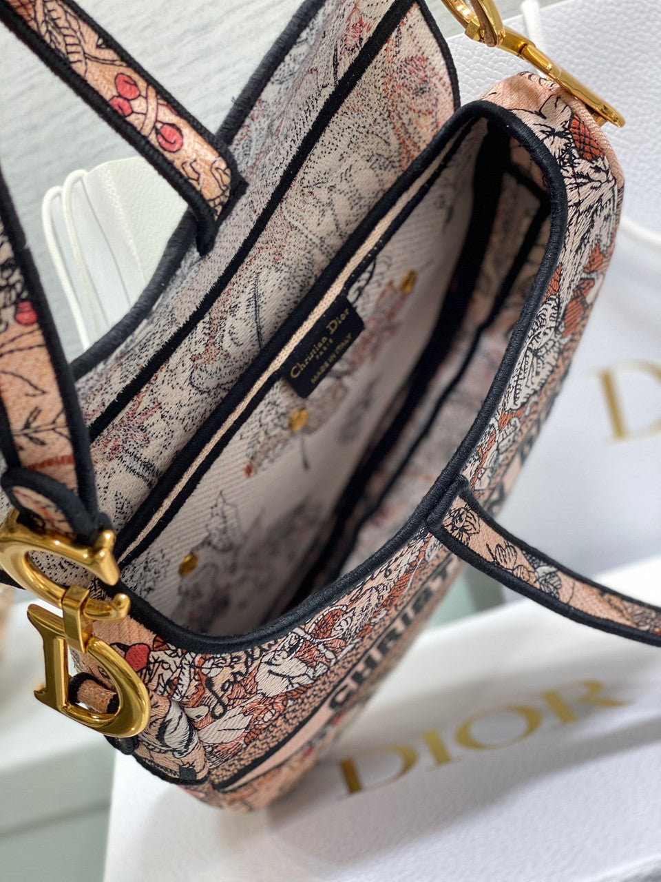 Christian Dior SADDLE BAG Pink Denim Multicolor Dior Jardin Magique Embroidery