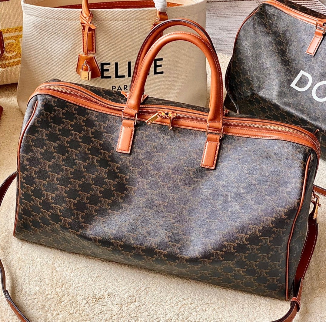 CELINE TRAVEL 50 IN TRIOMPHE CANVAS WITH CAT PRINT TAN