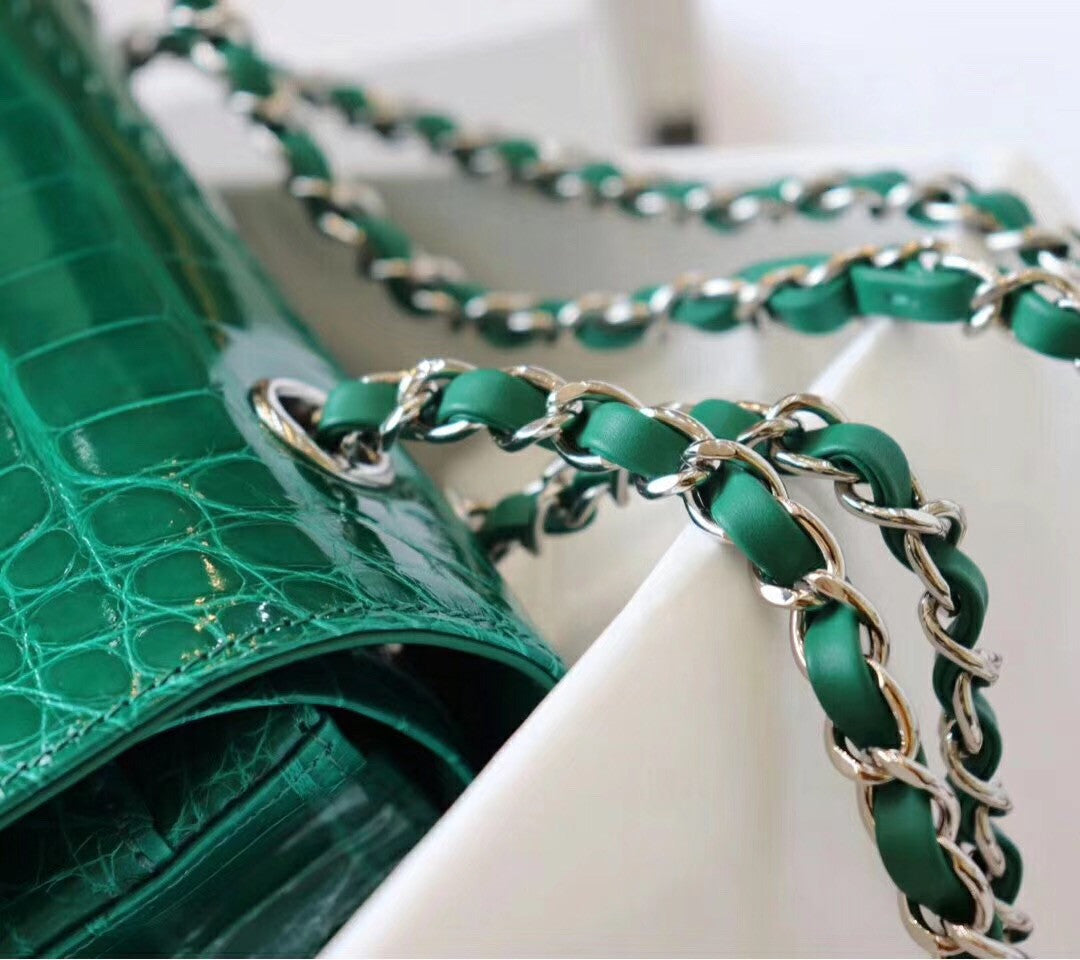 Chanel Emerald Shinny Alligator Classic  Flap Bag  with Silver Hardware