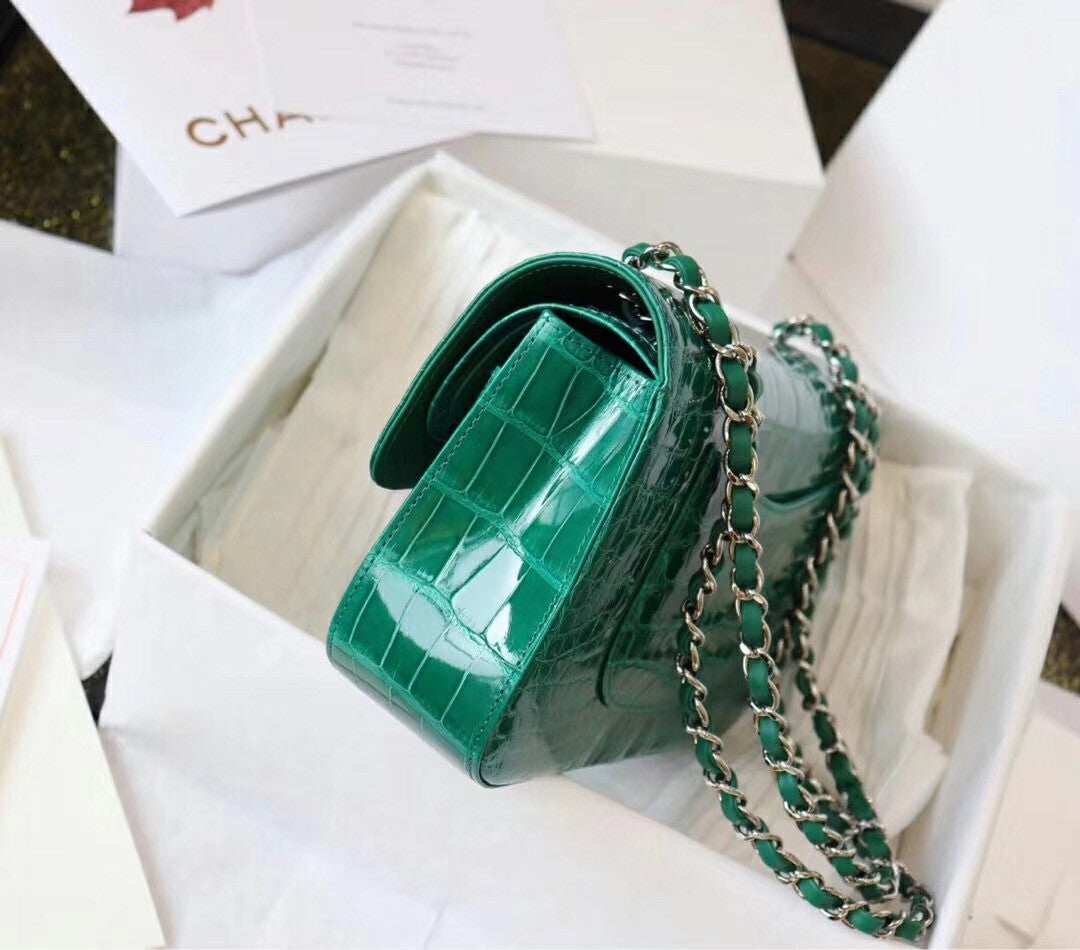 Chanel Emerald Shinny Alligator Classic  Flap Bag  with Silver Hardware