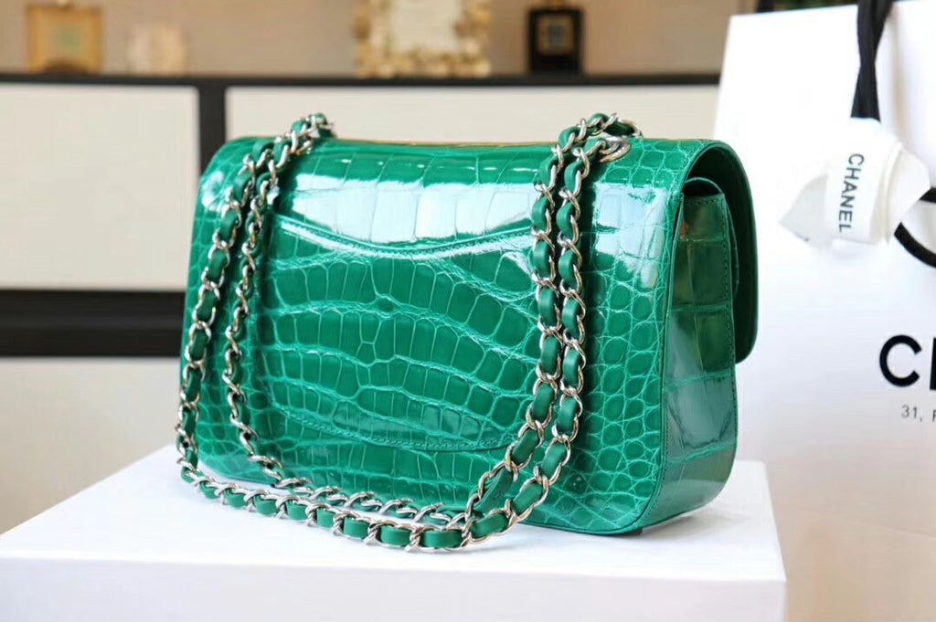 Chanel Emerald Shinny Alligator Classic  Flap Bag  with Silver Hardware