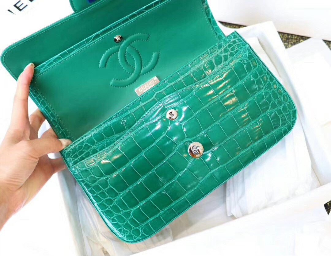 Chanel Emerald Shinny Alligator Classic  Flap Bag  with Silver Hardware