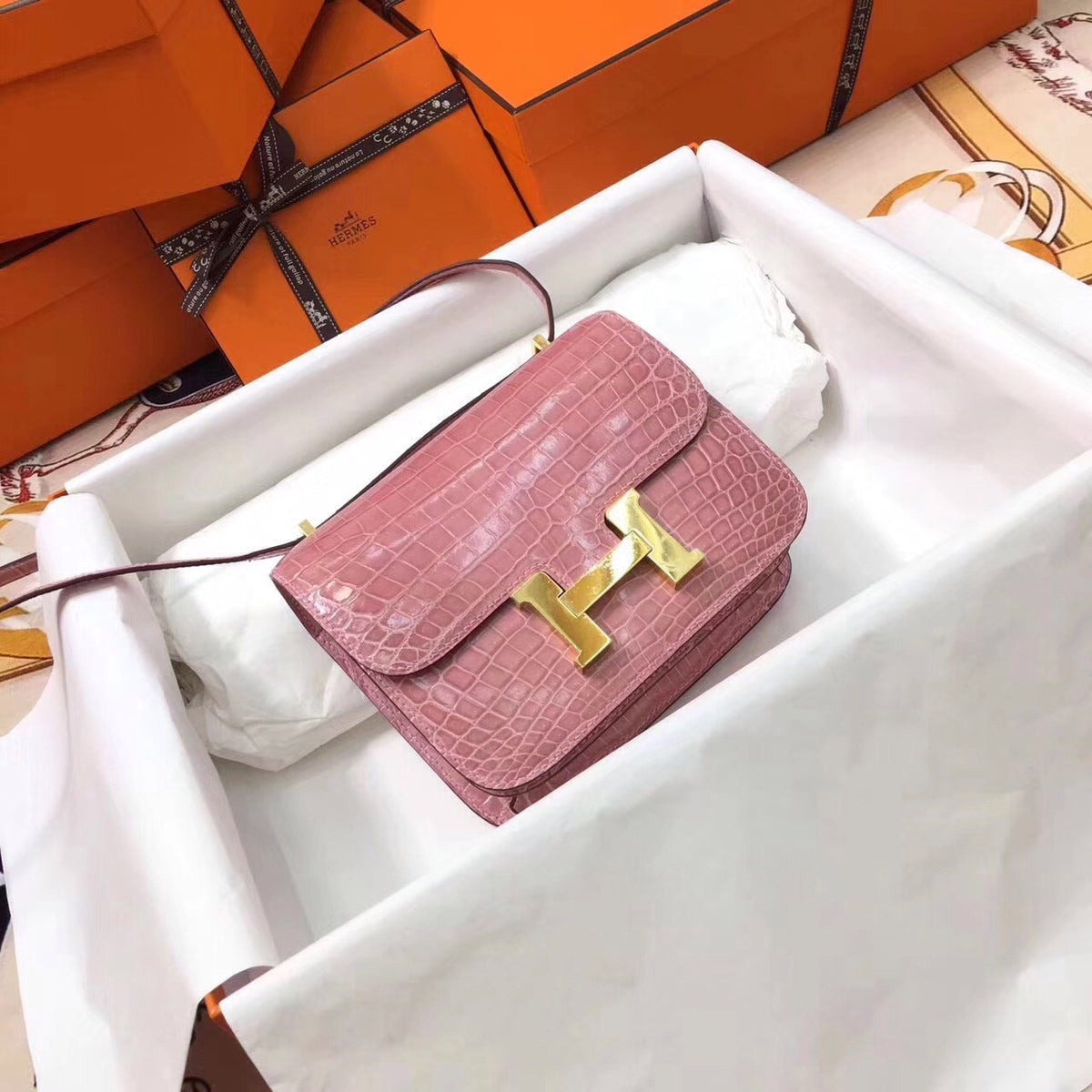 Hermes 1Q Rose Confetti Constance 23 Shiny Niloticus Crocodile