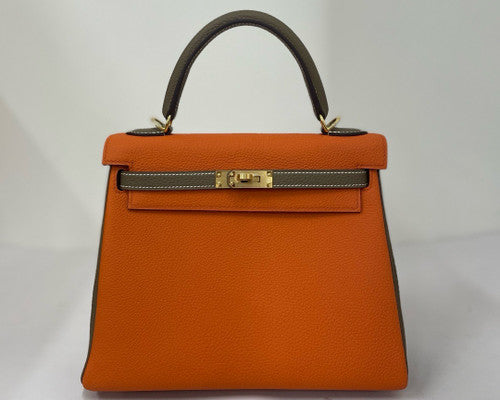 Hermès Special Order Orange/ Etoupe Kelly 25 Togo Leather Gold Hardware