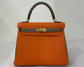 Hermès Special Order Orange/ Etoupe Kelly 25 Togo Leather Gold Hardware