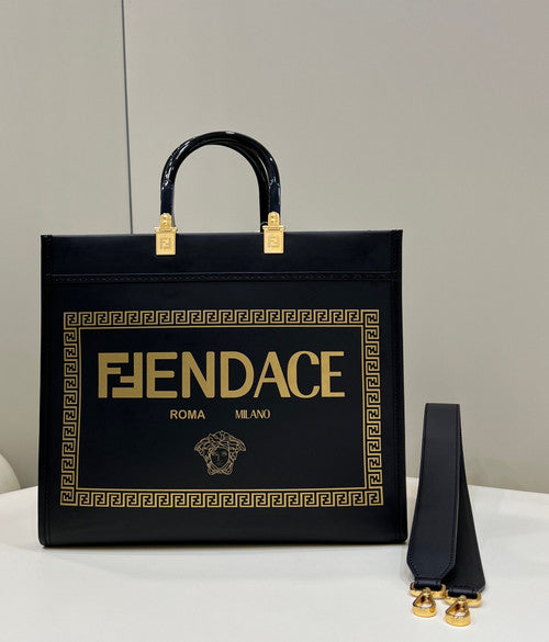 Fendi Sunshine Medium Fendace Printed black leather Logo shopper