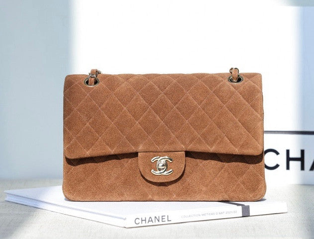 Chanel Medium Classic Double Flap Bag Gold Suede Light Gold Hardware Chanel