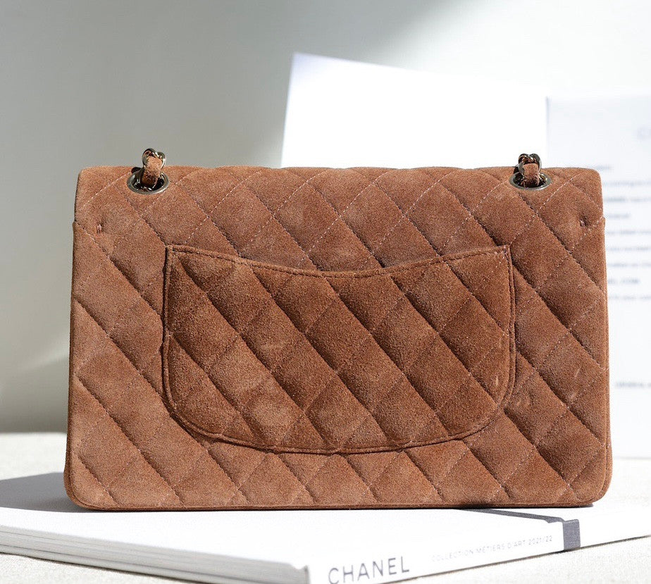 Chanel Medium Classic Double Flap Bag Gold Suede Light Gold Hardware Chanel