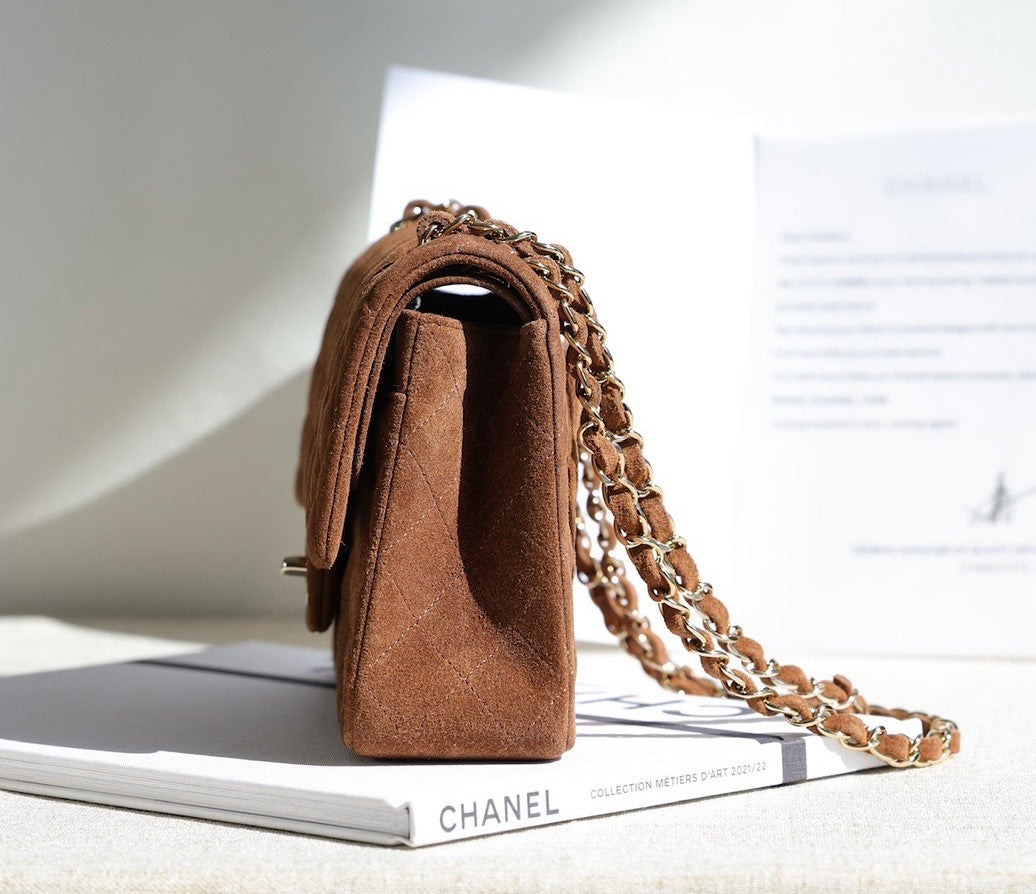 Chanel Medium Classic Double Flap Bag Gold Suede Light Gold Hardware Chanel