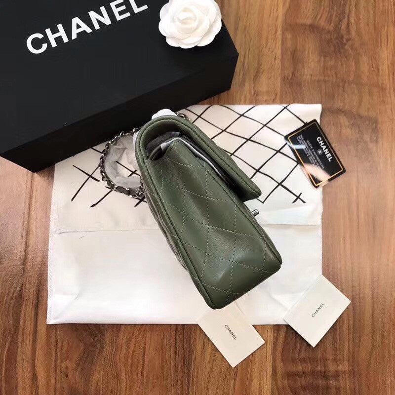 CHANEL Green Lambskin Leather Classic Double Flap 2.55 Shoulder Bag Silver HW
