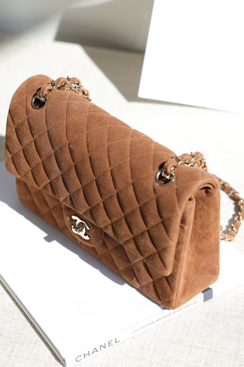 Chanel Medium Classic Double Flap Bag Gold Suede Light Gold Hardware Chanel