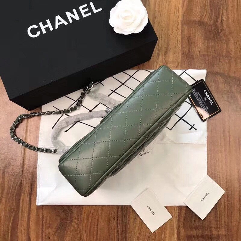 CHANEL Green Lambskin Leather Classic Double Flap 2.55 Shoulder Bag Silver HW