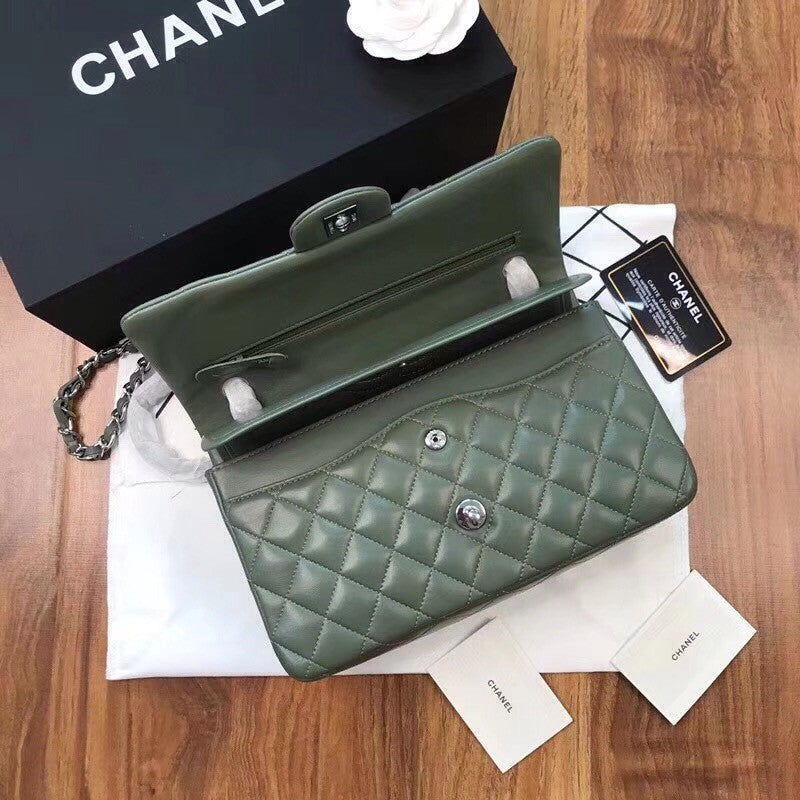 CHANEL Green Lambskin Leather Classic Double Flap 2.55 Shoulder Bag Silver HW
