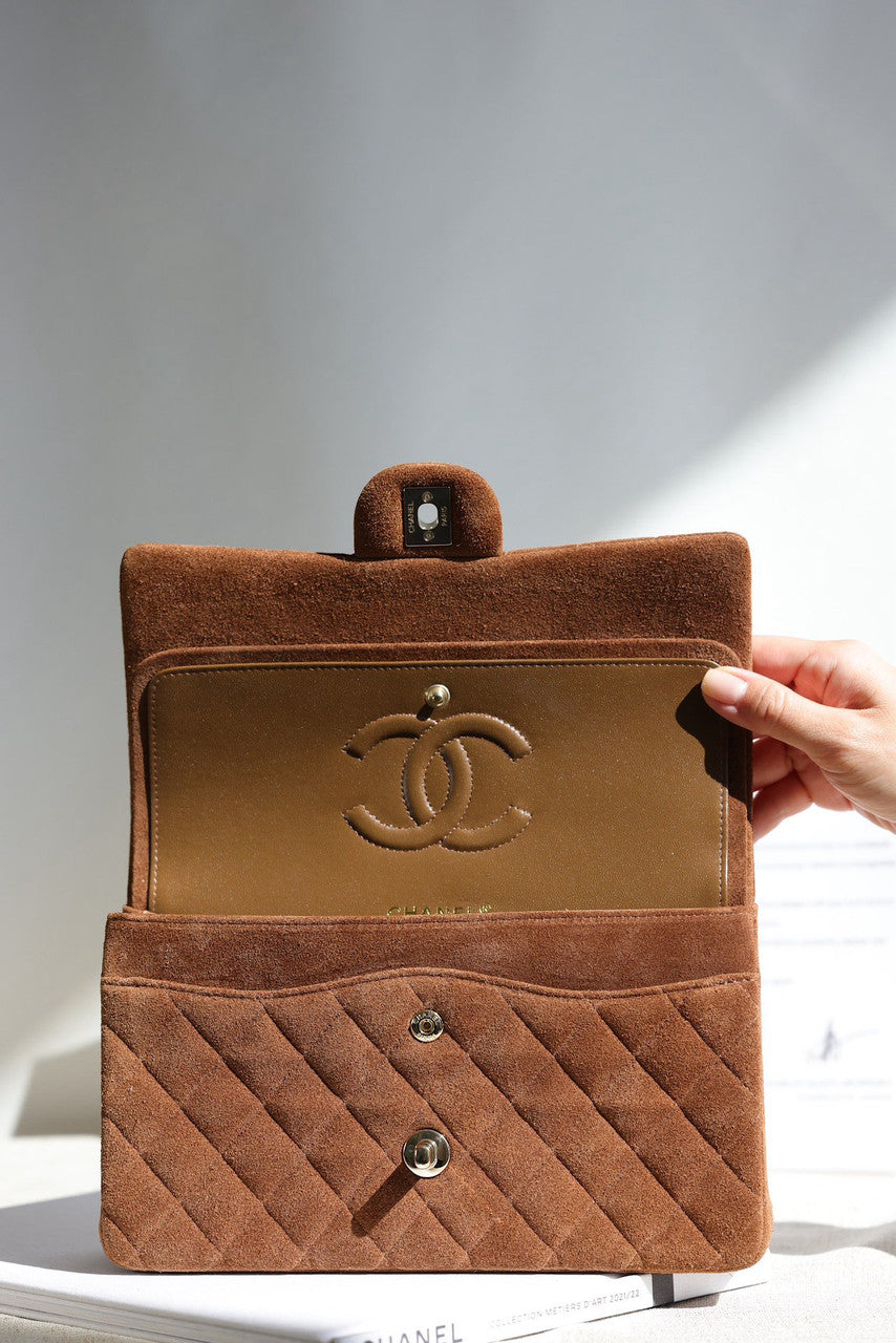 Chanel Medium Classic Double Flap Bag Gold Suede Light Gold Hardware Chanel