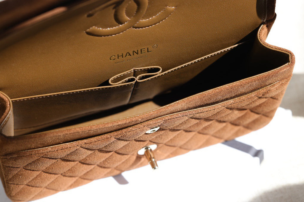 Chanel Medium Classic Double Flap Bag Gold Suede Light Gold Hardware Chanel