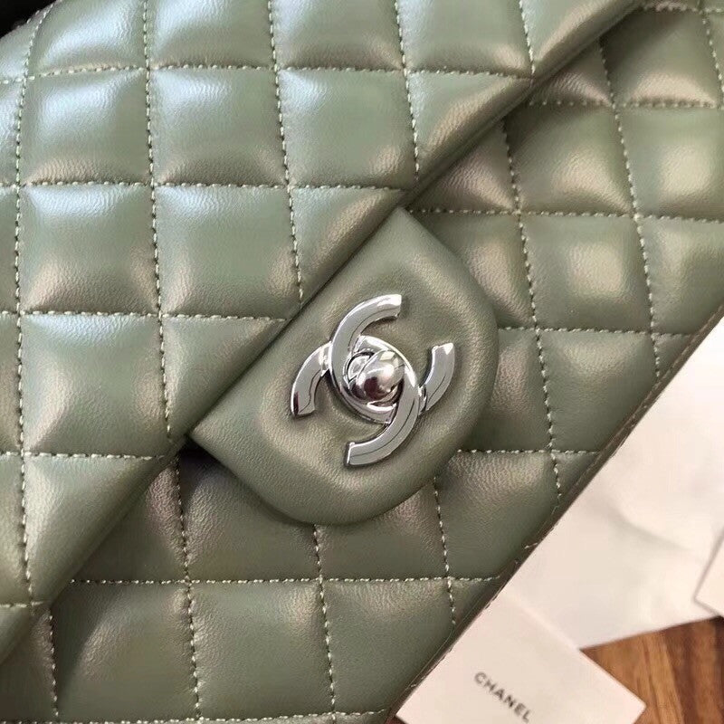 CHANEL Green Lambskin Leather Classic Double Flap 2.55 Shoulder Bag Silver HW