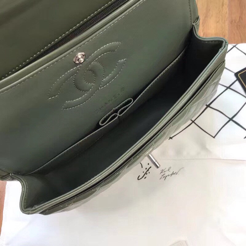 CHANEL Green Lambskin Leather Classic Double Flap 2.55 Shoulder Bag Silver HW