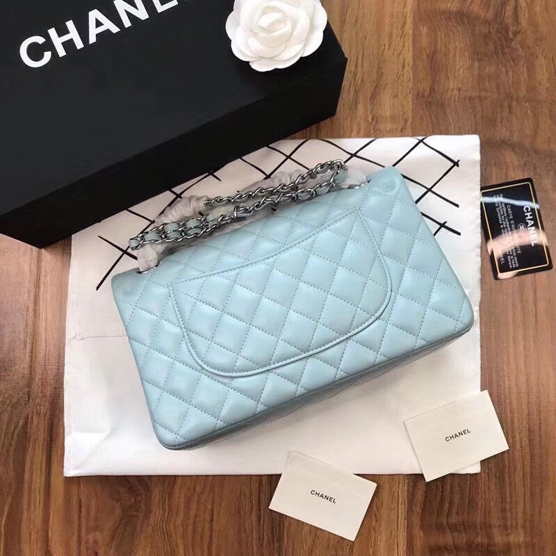 CHANEL Tiffany Blue Lambskin Leather Classic Double Flap 2.55 Shoulder Bag Silver HW